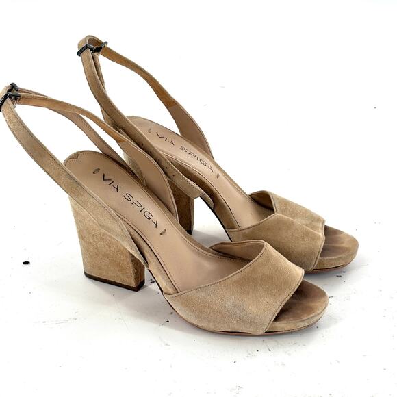 Via Spiga Ankle Wrap Suede Heels 4.5 Tan Beige Sandals Pumps Capsule Comfort - Picture 2 of 6